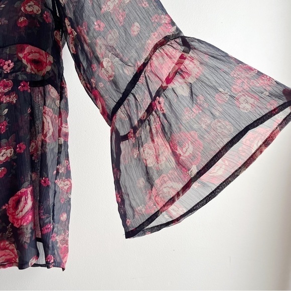 Torrid Babydoll Chiffon Lurex Crochet Lace-Up Sheer Blouse, Black Red Floral, 1X - Picture 7 of 14